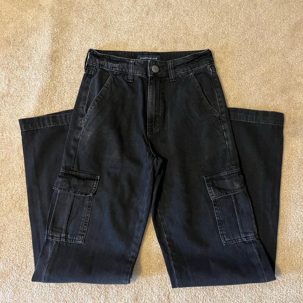 Aeropostale Black Denim 00R Wide Leg High Rise Utility Cargo Jeans